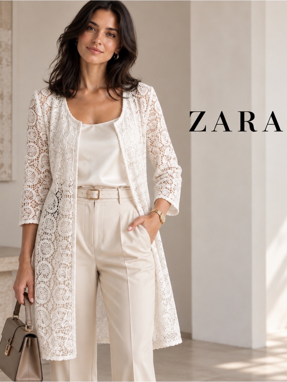 🌸ZARA Cream Lace Longline Open Jacket size XL Quiet Luxury Minimalist Preppy
